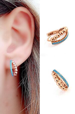 Turkuaz Taşlı 925 ayar Gümüş Rose Halka Küpe 