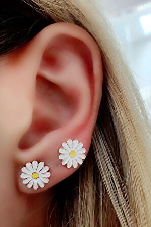 Mine İşçiliği 925ayar Gümüş Üzerine Rose Altın Kaplama Papatya Küpe 