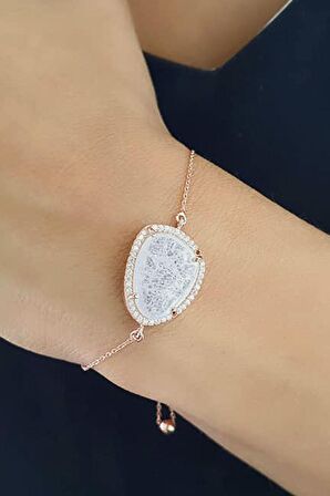 Kristal Kuvars Taşlı Asansörlü Ayarlanabilir 925 ayar Gümüş Rose Bileklik 