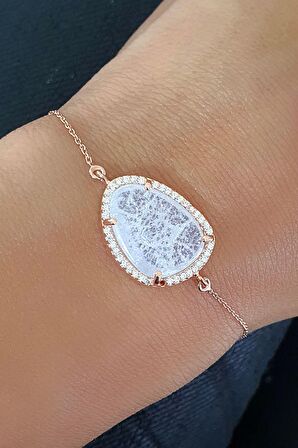 Kristal Kuvars Taşlı Asansörlü Ayarlanabilir 925 ayar Gümüş Rose Bileklik 