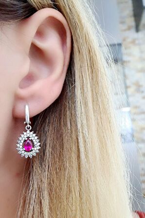 Fuşya Zirkon Taşlı 925ayar Gümüş Damla küpe