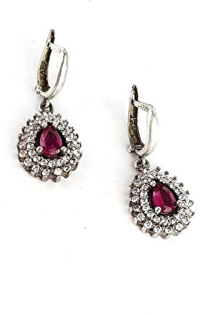 Fuşya Zirkon Taşlı 925ayar Gümüş Damla küpe