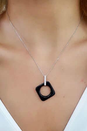 Oniks Taşlı Zirkon Taşlı 925ayar Gümüş Tasarım Kolye 