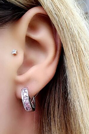 Pembe Baget Zirkon Taşlı 925ayar Gümüş Lüks Küpe 