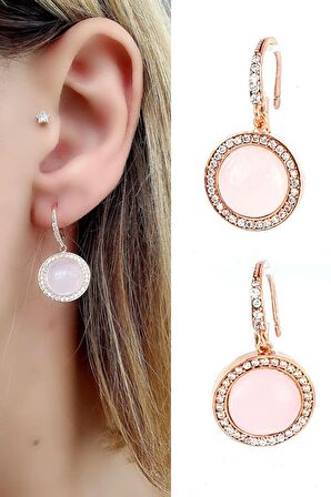 Pembe Kuvars Taşlı Zirkon Taş Detaylı 925 ayar Gümüş Rose İtalyan küpe 