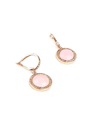 Pembe Kuvars Taşlı Zirkon Taş Detaylı 925 ayar Gümüş Rose İtalyan küpe 