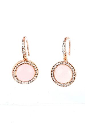 Pembe Kuvars Taşlı Zirkon Taş Detaylı 925 ayar Gümüş Rose İtalyan küpe 