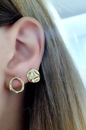 İtalyan Tasarımı 925ayar Gümüş Üzerine Altın Kaplama Asimetrik Küpe 