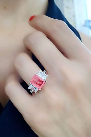 Baget Pembe Kristal Kuvars Taşlı Zirkon Taş Detaylı 925ayar Gümüş Tek Taş Yüzük - OSESHOP