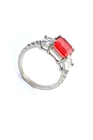 Baget Pembe Kristal Kuvars Taşlı Zirkon Taş Detaylı 925ayar Gümüş Tek Taş Yüzük - OSESHOP