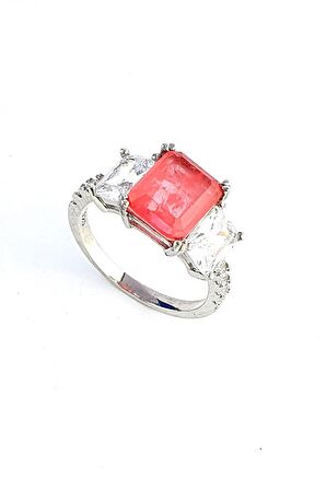 Baget Pembe Kristal Kuvars Taşlı Zirkon Taş Detaylı 925ayar Gümüş Tek Taş Yüzük - OSESHOP