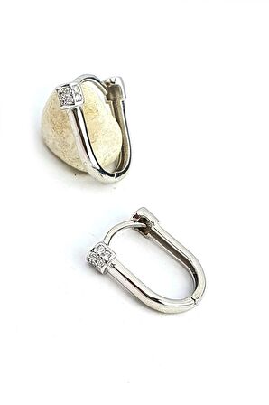 Zirkon Taş Detaylı 925ayar Gümüş Oval Trend Halka Küpe