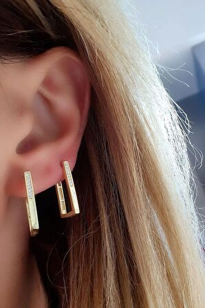 Zirkon Taş Detaylı 925ayar Gümüş Üzerine Rose Altın Kaplama Dikdörtgen Halka küpe