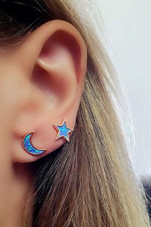 Opal Taşlı Ay Yıldız Figürlü 925 ayar Gümüş Rose Trend Küpe