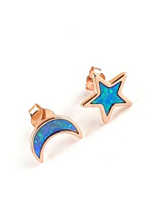 Opal Taşlı Ay Yıldız Figürlü 925 ayar Gümüş Rose Trend Küpe