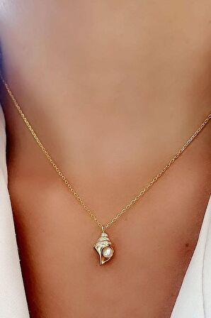 Incili Deniz Kabuğu Figürlü 925ayar Gümüş Üzerine Altın Kaplama Tasarım Kolye