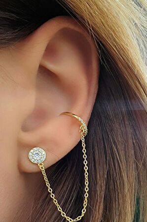 925ayar Gümüş Üzerine Altın Kaplama Zincirli Kıkırdak Küpesi