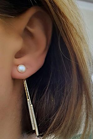 Zirkon Taş Detaylı 925ayar Gümüş Üzerine Altın Kaplama Tasarım İnci Küpe