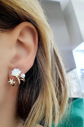 Deniz yıldızı kabuğu ve incili 925ayar gümüş üzerine altın kaplama tasarım küpe