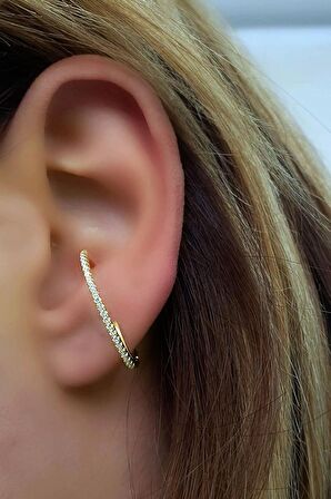 Zirkon Taş Detaylı 925ayar Gümüş Üzerine Altın Kaplama Trend Tasarım Yay Tek Halka Küpe 