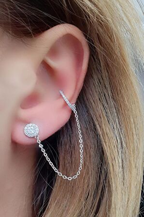 Pırlanta Parlaklığında Zirkon Taşlı 925ayar Gümüş Zincirli Kıkırdak Tek Küpe 