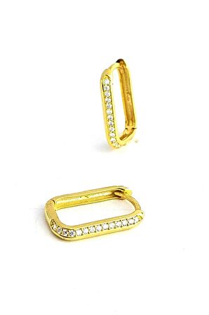 Zirkon Taş Detaylı 925ayar Gümüş Üzerine altın kaplama Dikdörtgen Küpe 