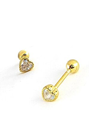 Pırlanta Parlaklığında Zirkon Taşlı 925ayar Gümüş Altın Kalp Figürlü Tragus Piercing