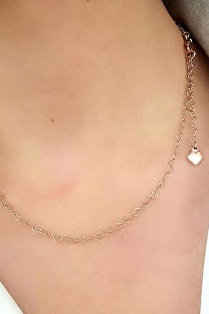 925ayar Gümüş Üzerine Rose Altın Kaplama Kalp Şeklinde Zincir Kolye