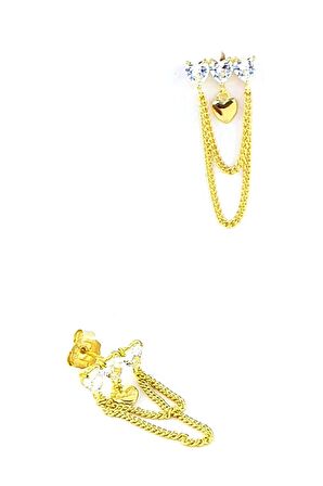 Pırlanta Parlaklığında Zirkon Taşlı Gümüş Üzerine Altın Kaplama Kalp Figürlü Zincir Detaylı Trend Küpe 