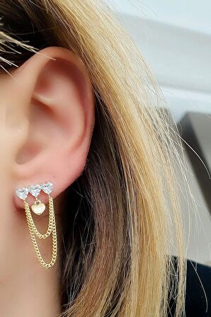 Pırlanta Parlaklığında Zirkon Taşlı Gümüş Üzerine Altın Kaplama Kalp Figürlü Zincir Detaylı Trend Küpe 