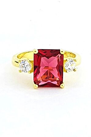 Fuşya zirkon taş detaylı 925ayar gümüş Üzerine altın kaplama Baget yüzük