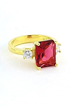 Fuşya zirkon taş detaylı 925ayar gümüş Üzerine altın kaplama Baget yüzük