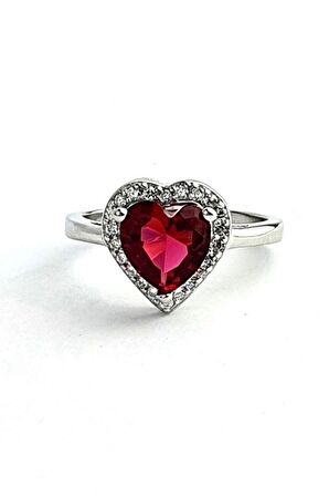 Fuşya Zirkon Taşlı Kalp Figürlü 925ayar Gümüş Tek Taş Yüzük