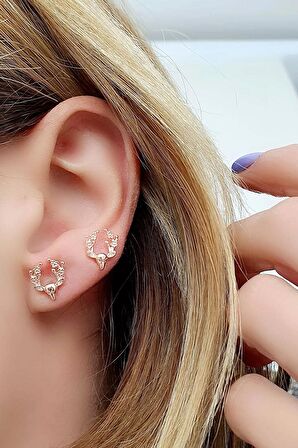 Geyik Figürlü 925 ayar Gümüş Rose Tasarım Küpe 