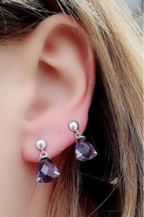 Ametist Taşlı 925ayar Gümüş Minimal Damla küpe