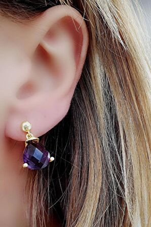 Ametist Taşlı 925ayar Gümüş Üzerine Altın Kaplama Damla Küpe 