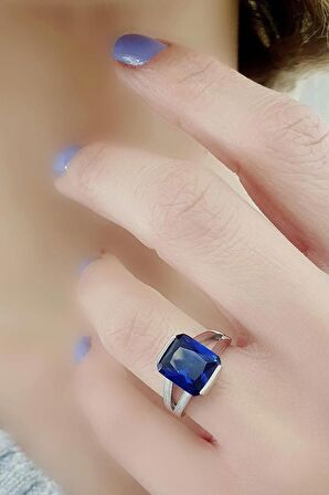 Sky Diamond Blue Creative Sapphire 925ayar Gümüş Dikdörtgen Baget Yüzük