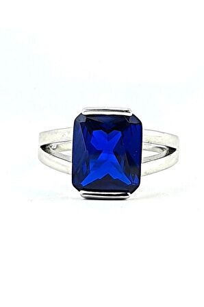 Sky Diamond Blue Creative Sapphire 925ayar Gümüş Dikdörtgen Baget Yüzük