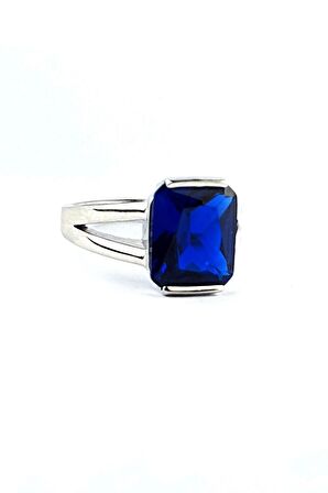 Sky Diamond Blue Creative Sapphire 925ayar Gümüş Dikdörtgen Baget Yüzük