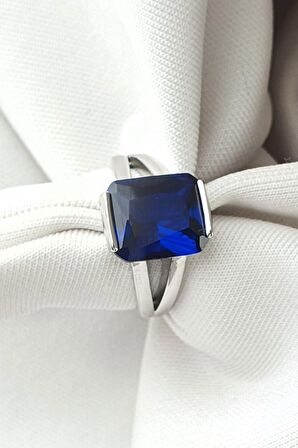 Sky Diamond Blue Creative Sapphire 925ayar Gümüş Dikdörtgen Baget Yüzük