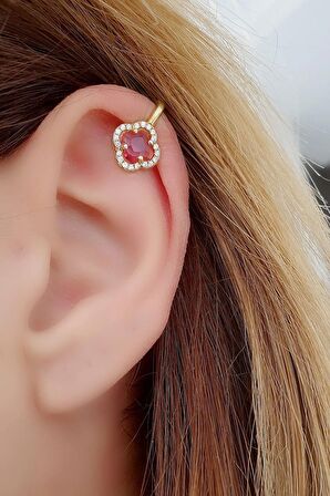 Pembe Zirkon Taşlı 925ayar Gümüş Üzerine   Altın Kaplama İtalyan Sıkıştırmalı Earcuff Kıkırdak Küpesi