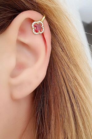 Pembe Zirkon Taşlı 925ayar Gümüş Üzerine Rose  Altın Kaplama İtalyan Sıkıştırmalı Earcuff Kıkırdak Küpesi 