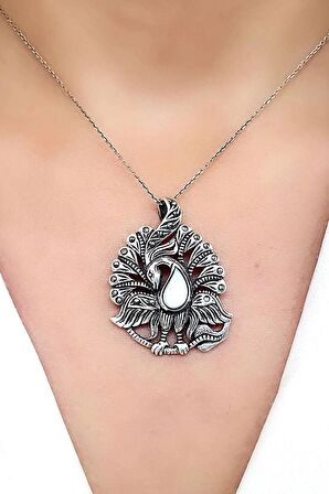 Sedef Taşlı 925ayar Gümüş Tasarım Tavus Kuşu Kolye 