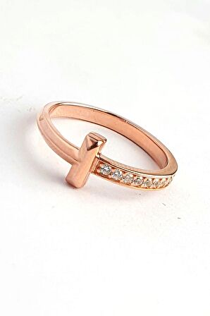 İtalyan 925ayar Gümüş Üzerine Altın Kaplama Zirkon Taş Detaylı T Yüzük 