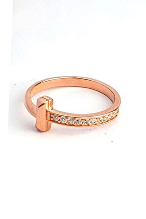 İtalyan 925ayar Gümüş Üzerine Altın Kaplama Zirkon Taş Detaylı T Yüzük 