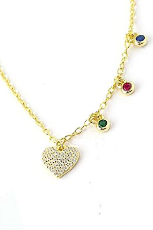 İtalyan 925ayar Gümüş Üzerine Altın Kaplama Kalp Figürlü Pırlanta Parlaklığında Zirkon Taşlı Aşk Kolyesi 