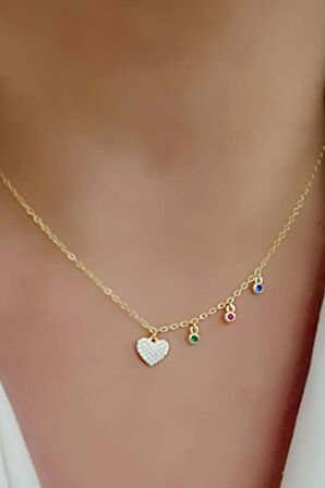 İtalyan 925ayar Gümüş Üzerine Altın Kaplama Kalp Figürlü Pırlanta Parlaklığında Zirkon Taşlı Aşk Kolyesi 