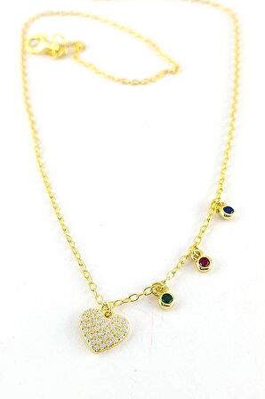 İtalyan 925ayar Gümüş Üzerine Altın Kaplama Kalp Figürlü Pırlanta Parlaklığında Zirkon Taşlı Aşk Kolyesi 