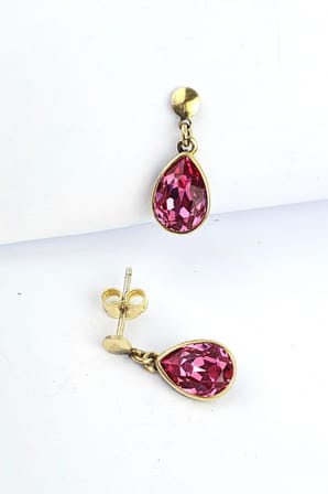 925ayar Gümüş Üzerine Altın Kaplama Pembe Swarovski taşlı Damla Küpe