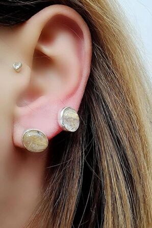 Rutil Kuvars Taşlı 925ayar Gümüş Oval Doğal Taş Küpe